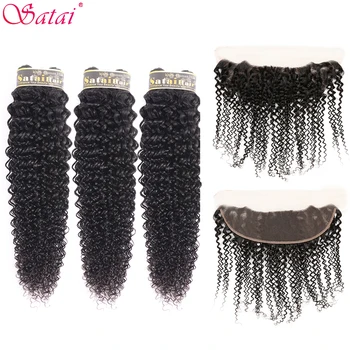 

Satai Kinky Curly Hair 3 Bundles With Frontal Brazilian Human Hair Bundles With Closure Natural Color Non Remy Hair Extension