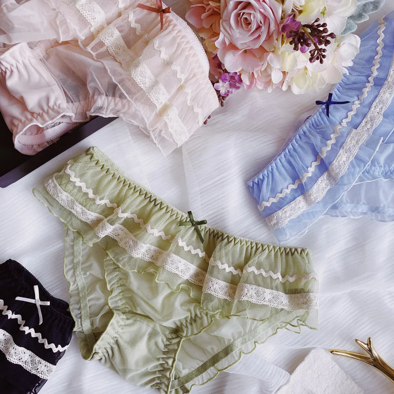 

Sweet Ruffle Cute Panties Women Hollow Out Lace Underwear Female Ribbon Bow Transparent Seamless Briefs Lingerie Tanga