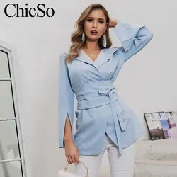 MissyChilli синий длинный рукав бандажный Блейзер Женский Тонкий элегантный пиджак блейзер женский 2019 осенний модный офисный Длинный блейзер