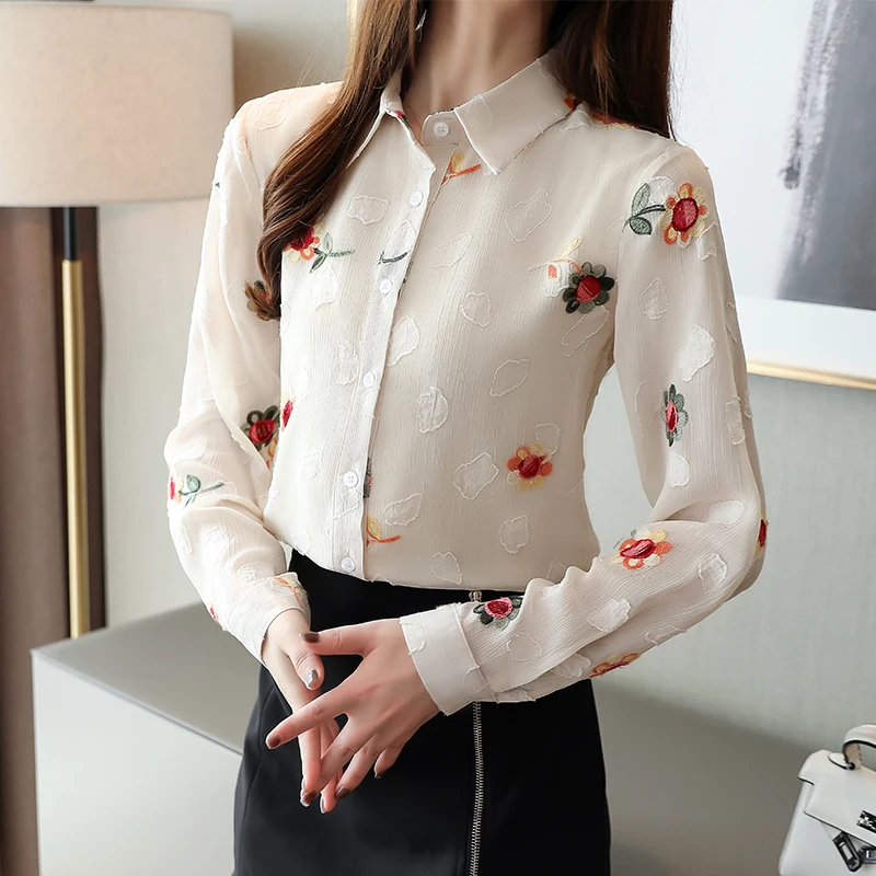 Корейская мода шифоновые женские блузки с цветочной вышивкой Женские топы и