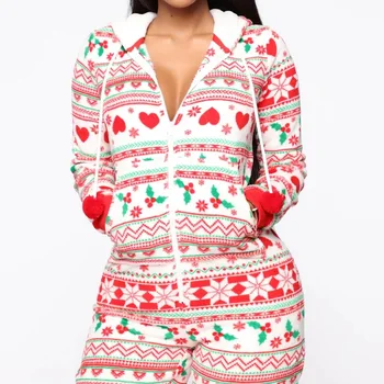 

New Casual Family Women Holiday Hooded Zipper Up Romper Jumpsuits Christmas Pyjamas Ladies Xmas Nightwear Pajamas PJs Rompers