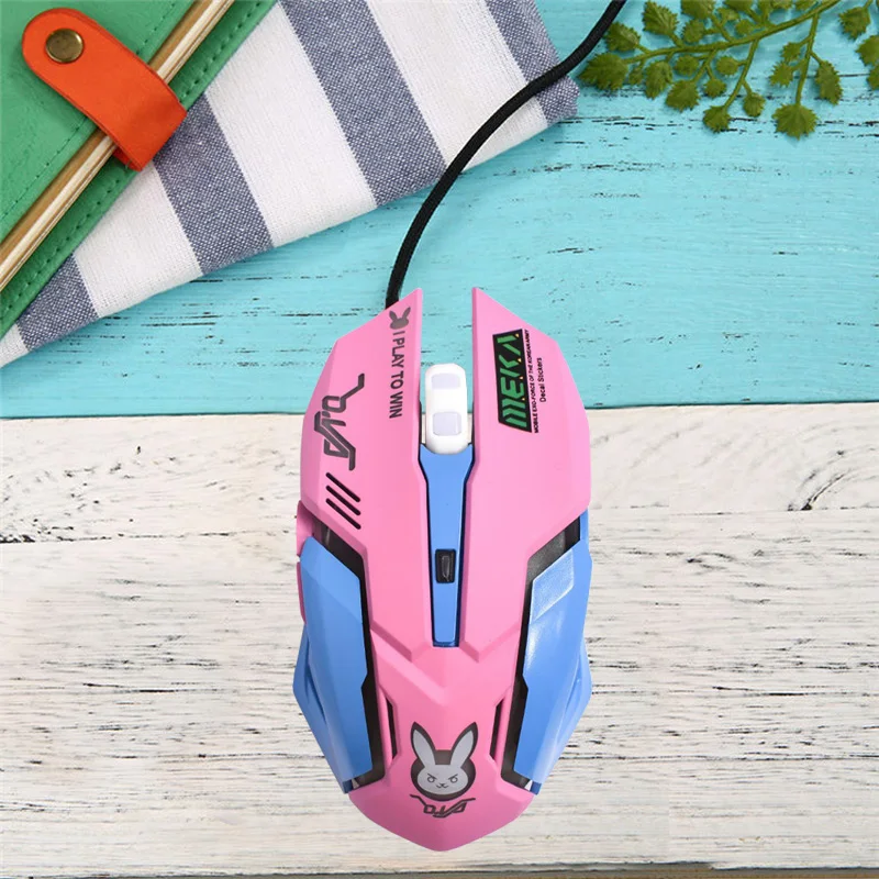 OW DVA-Pink Wired Game Office Mouse para meninas, emissor de luz, frango de competição, fofo, PC, laptop, CF Overwatch