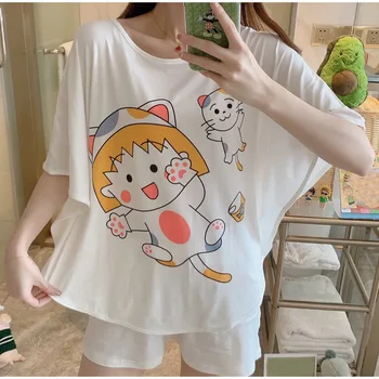 

Cartoon Print Batwing Sleeve Pajama Sets for Women Sleepwear Tshirt+Shorts Girls Pijama Mujer Summer Casual Fashion Pyjamas Sets