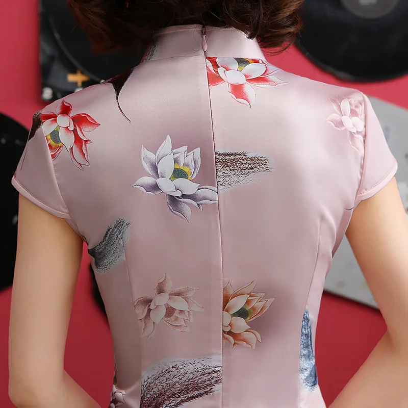 В китайском стиле с принтом Qipao тонкий Чонсам с высоким разрезом Женские Элегантные платья винтажный воротник стойка Vestidos
