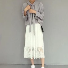 Женские Элегантные однотонные с высокой талией свободные кружевные длинные юбки для дам модные Изящные повседневные юбки до середины икры