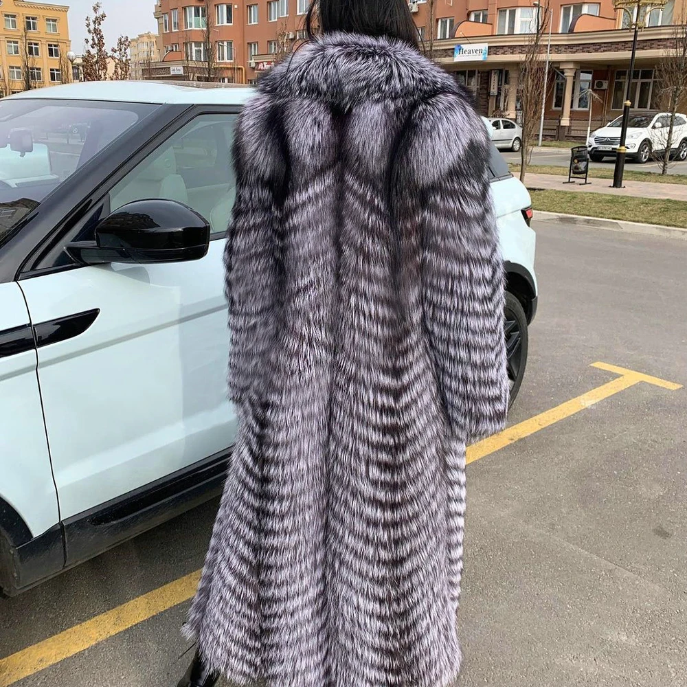 Fashion X-long Real Silver Fox Fur Coat with Big Turn-down Collar Winter Women High Quality Genuine Silver Fox Fur Coats Female