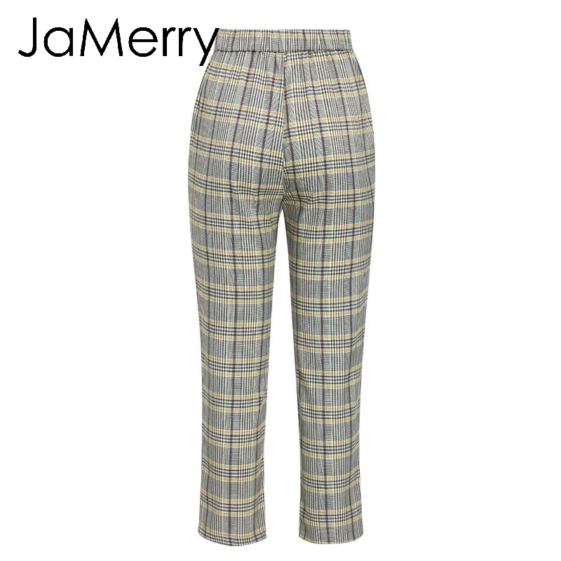 JaMerry, винтажный клетчатый двубортный женский Блейзер, костюм, набор, длинный рукав, для офиса, леди, брючный костюм, Повседневный, уличная одежда, брючный костюм