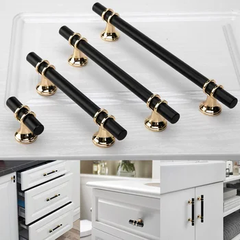 Modern Zinc Alloy Black Gold Door Handles Kitchen Cabinet Handles Solid Drawer Knobs Fashion Furniture Handle Hardware