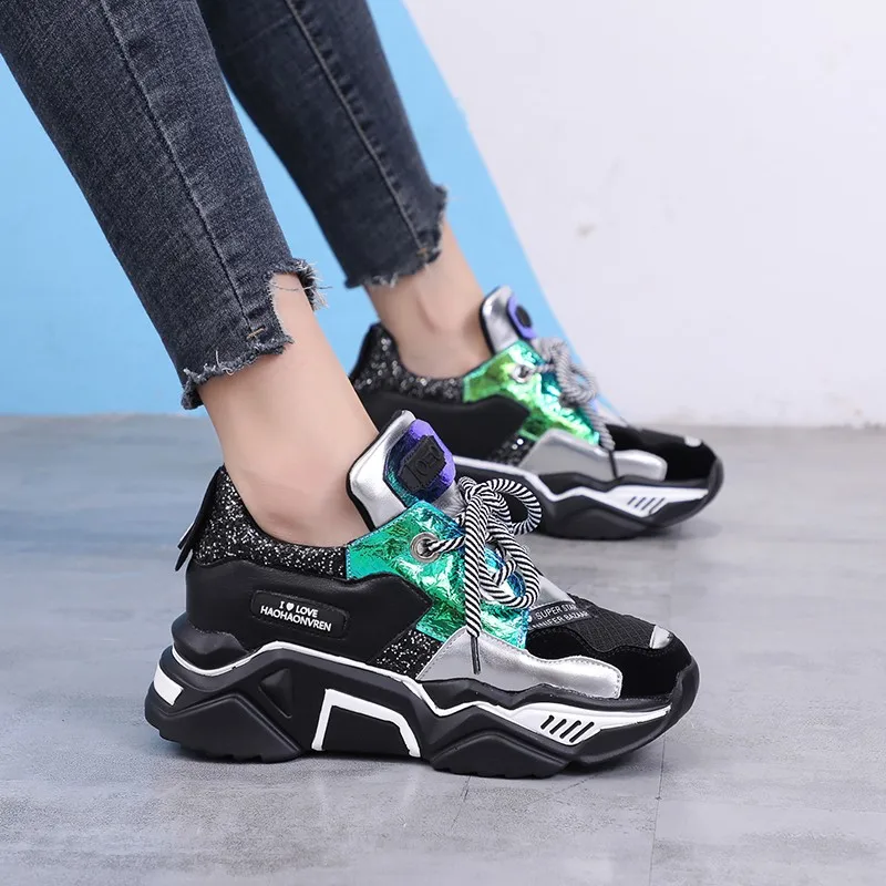 

Rimocy woman black dad sneakers glitter laser patchwork chunky platform shoes women 2019 autumn triple s 5cm high white sneaker