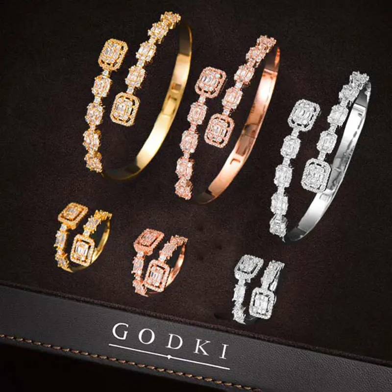 

GODKI Trendy Luxury Baguette Stackable Bangle Ring Sets For Women Wedding AAA Cubic Zircon Dubai Silver Bracelet Party Jewelry