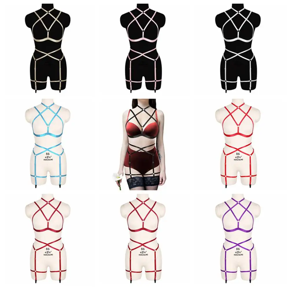 

Hanging Neck Hollow Women Halloween Costume Style Harness Bra Sexy Lingerie Sets Full Body Bondage Gothic Cage Waist Garters