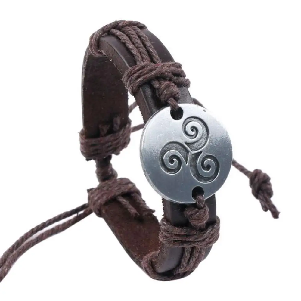 Vintage Bracelets Men Women Spiral Triskele Round Charm Braided Faux Leather Bracelet Birthday Party Gift