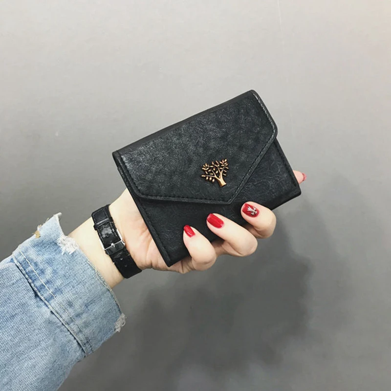Black-tree Винтажные женские кошельки, мини-кошелек на застежке, высокое качество, мягкий кошелек, кожа, три сложения, Простые короткие женские кошельки, маленькие карманы для монет - Цвет: Black-tree