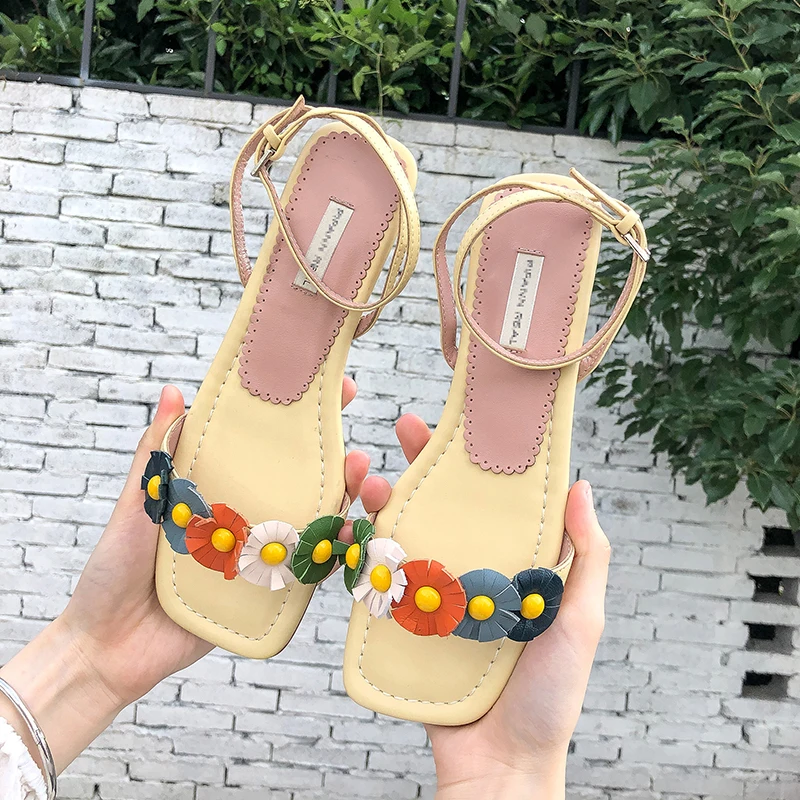 Rimocy Sweet Flower Flat Sandals Women 2020 Casual Ankle Strap Gladiator Woman Comfortable Slip on Beach Slippers Mujer | Обувь