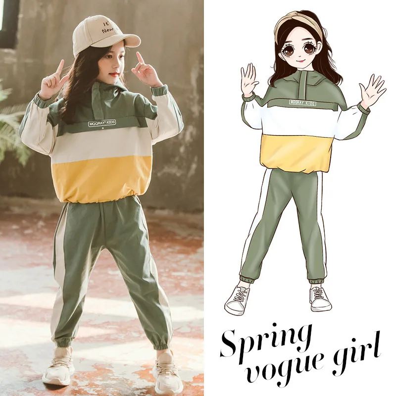 

Girls Spring Clothing 2020 New Style Korean-style Big Boy Versatile Three-Color Joint Sports Two-Piece Set 1803c-1074