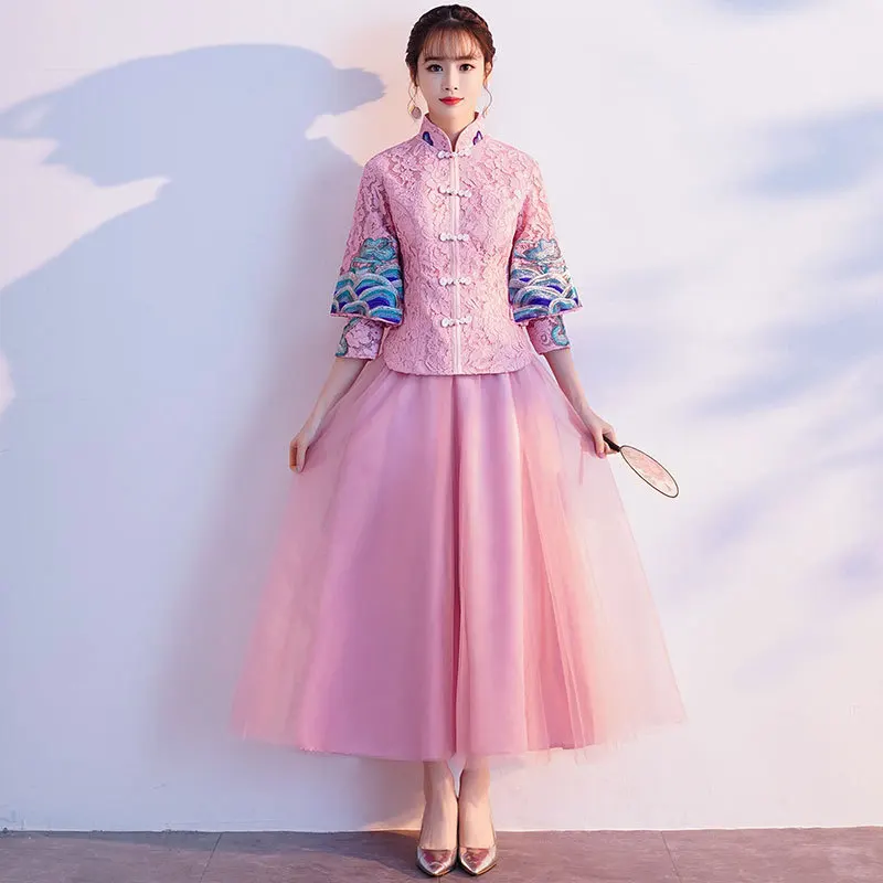 Китайский стиль, женское вечернее платье, Qipao, винтажное, вышивка, кружево, для подружки невесты, свадебное платье, розовый, благородный цветок, Cheongsam