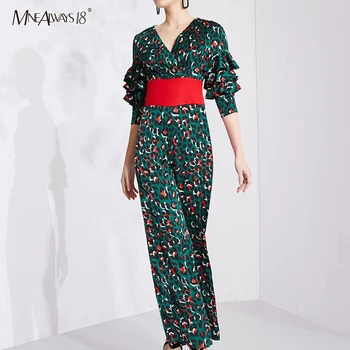 

Mnealways18 Leopard Print Vintage Jumpsuits Women High Waist Cascading Ruffle Jumpsuit Wide Leg Long Overall Playsuits Romper