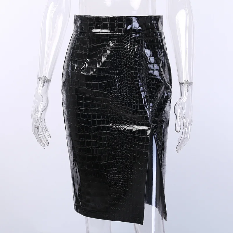 Black Crocodile Pattern Pu Leather High Waist Elegant Bodycon Pencil Skirt