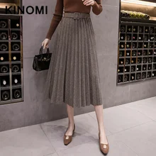 KINOMI осенние женские элегантные шикарные гофрированные длинные юбки с поясом высокая талия Harajuku тюлевые трапециевидные юбки до середины икры Новинка