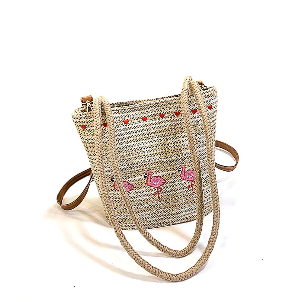 

Women Flamingo Messenger Bags Embroidered Straw Crossbody Handbag Holiday Large Beach Bag Weave Shoulder Bag Lady Purse