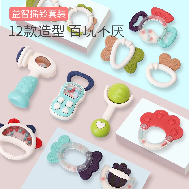 

Infant ENLIGHTEN Toy Baby Rattle Teether Set 12 Pieces Cartoon Molar Rod Silicon Suit 6-12 Months