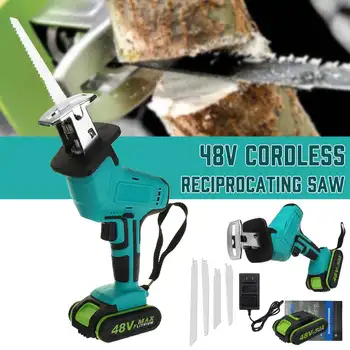 

48V 1/2 Battery Cordless Reciprocating Saw + 4 Saw Blade Metal Cutting Wood Tool Portable Woodworking Cutters AC 110V-240V