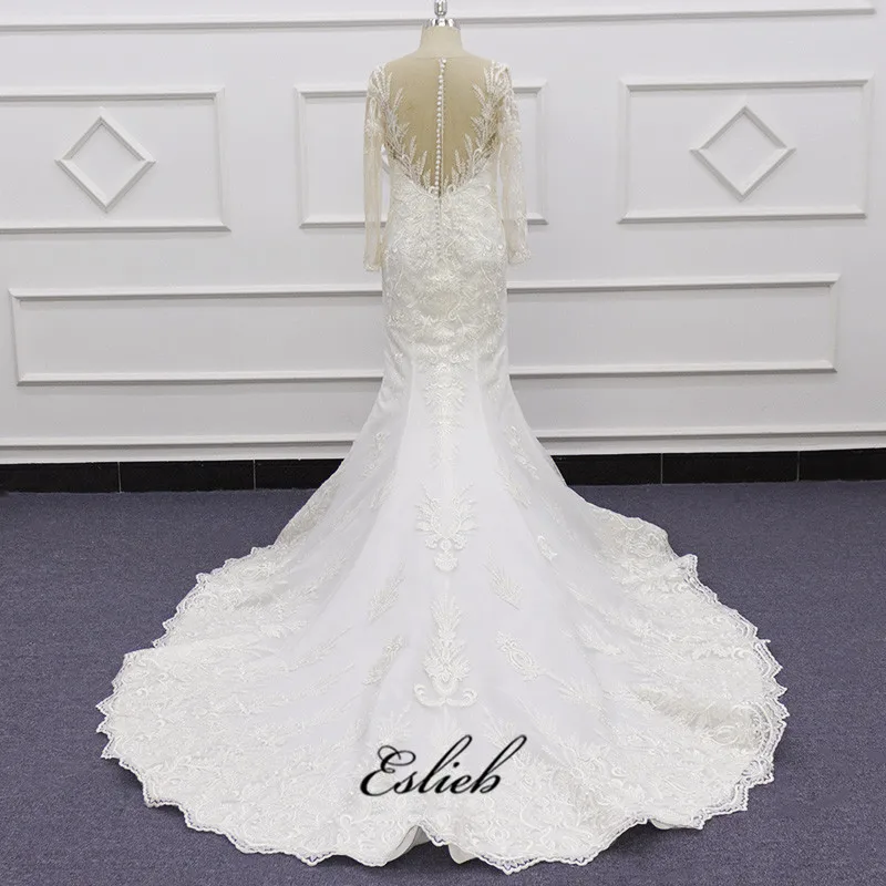 Eslieb Русалка Свадебные платья с длинным рукавом Милая 1,2 м Поезд Кружева Свадебное платье атласные свадебные платья цвета слоновой кости