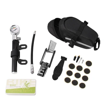 

Bike Tire Repair Tool Kit with Mini Gauge Hand Pump Including Patch Tool Tire Puncture Repair Kit and Cycling Seat Pack