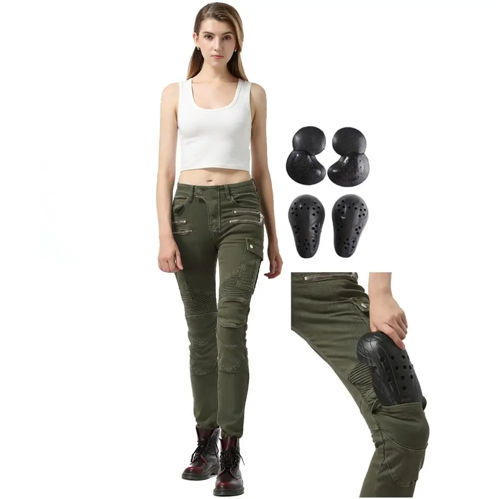 Army Green Новые мотоциклетные джинсы для езды для женщин, байкерские мотокроссы, велосипедные защитные штаны с CE обновлением, бронированная набедренная защита колена - Цвет: Army Green