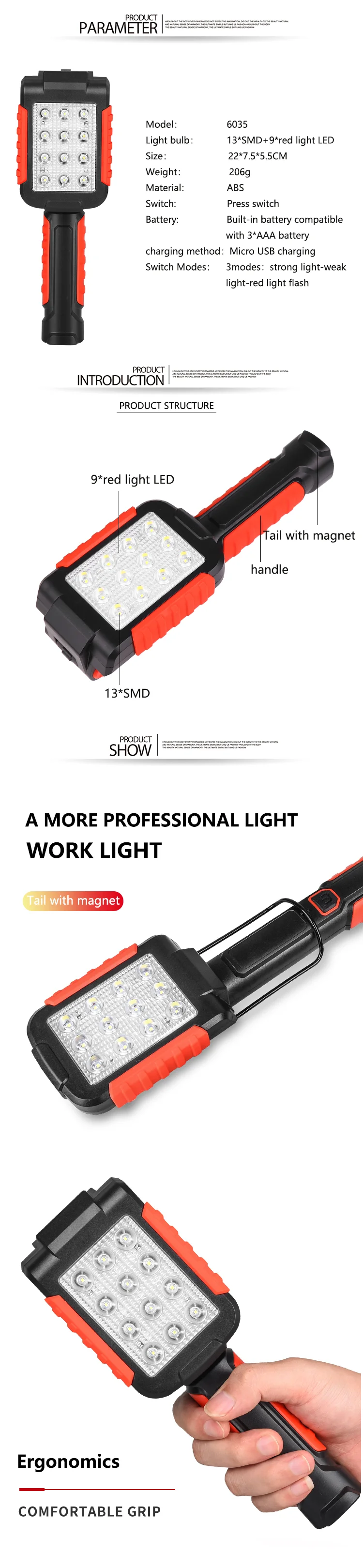 XANES 6035 9xLED 3 режима 180 ° вращающийся фонарь USB Перезаряжаемый Магнитный рабочий свет AAA для кемпинга ремонт фонарь с крючком