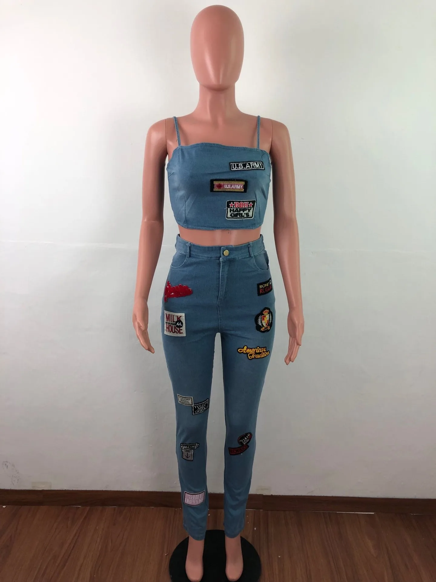 Adogirl рисунок из мультфильма джинсы комплект из двух предметов Спагетти ремни укороченный топ свернутые джинсы брюки женский сексуальный ночной клуб костюм повседневная одежда