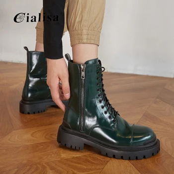 

CIALISA Women Shoes Chunky Heel Green Fashion New Design Lace Up Motorcycle Boot Autumn Winter Women Genuine Leather Ankle Boot