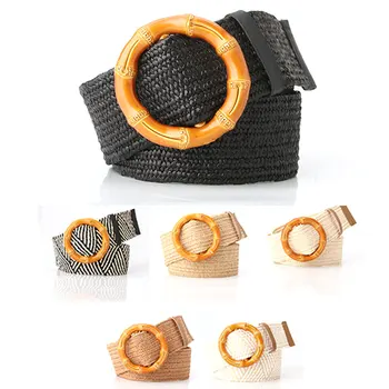 

Elastic Braided Waist Belt For Women Summer Vintage Woven Square Wood Buckle Straw Wide Waistband Fashion Accessories