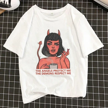 

Fashion Funny Chic Print THE ANGELS PROTECT ME THE DEMONS RESPECT ME T-shirt Women Harajuku Tshirt Vintage Loose Female T-shirt