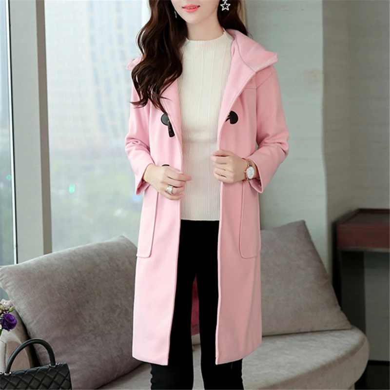 

2019 Winter High quality Wool Blend Coat Women Long Sleeve Turn-down Collar Outwear Jacket Hooded Casual Autumn Elegant Overcoat