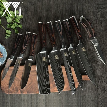 

XYj 8PCS Stainless Steel Knives Set Damascus Pattern Blade Chef Bread Santoku Slicing Utility Paring Knife Cooking Tools