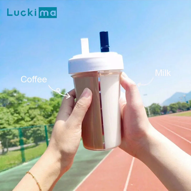 

420ml Lovers Water Bottle with Two Straws Plastic Separate Cup Portable Outdoor Leakproof Drinkware Coffee Tea Milk Juice Bottle