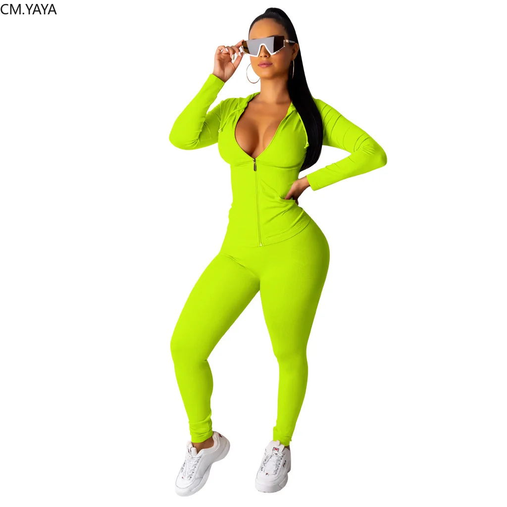 Зеленый autumn Women Solid zipper up long sleeve hooded top pencil pants suit two piece set casual sporting tracksuit outfit GL6303 - Цвет: Зеленый