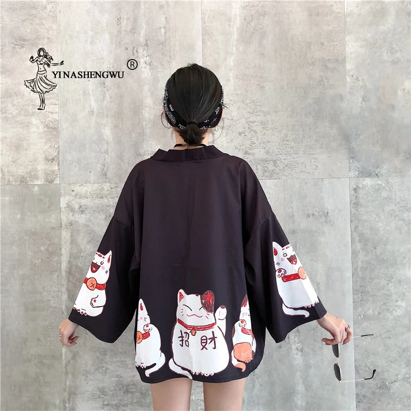 Японское кимоно с принтом кота кардиган женский Свободная рубашка Топы повседневные кимоно пальто юката Женские кимоно Харадзюку азиатская одежда