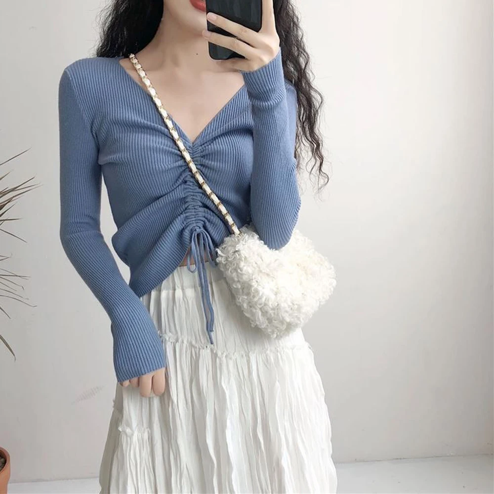 

2020 Sexy V Neck Lace Up Knitted Sweaters Women Autumn Ribbed Long Sleeve Solid Navel Bare Crop Tops Autumn Knitwear Jumper Tops