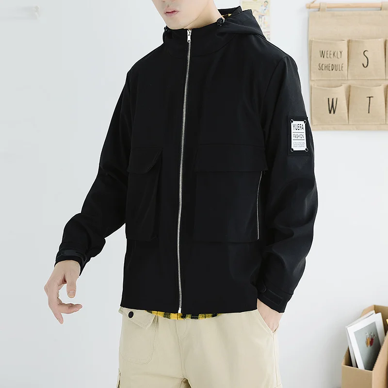 

2019 Autumn And Winter Men's New Casual Solid Color Pocket Decoration Hooded Jacket Loose Temperament Trend Polyester