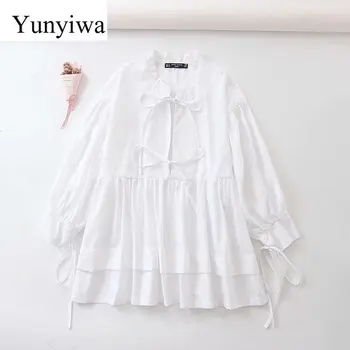 

Women Elegant Bow Tied Decoration Casual Loose Smock Blouses Lantern Sleeve Shirt Chic Chemise Hem Patchwork Blusas Tops