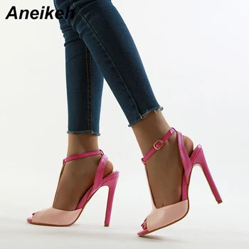 

Aneikeh 2020 New Sweet PU Women's Sandals Thin High Heel Stiletto Shoe Solid Peep Toed Buckle Strap Office Dance Pink Size 35-42