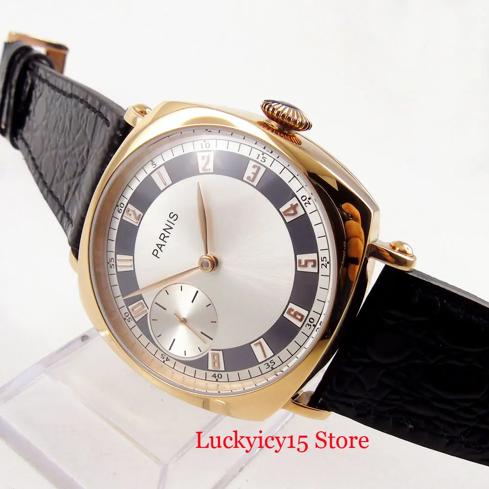 

PARNIS Rose Gold Square Case Hand Winding Wristwatch 6497 Movement Silver Dial 44mm