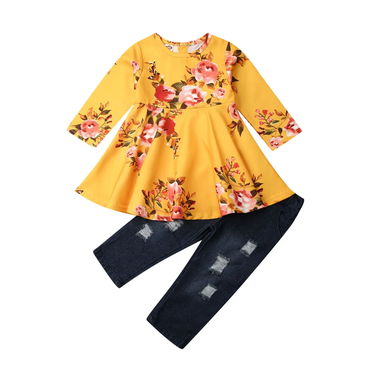 

2PCS Toddler Kids Baby Girl Autumn Clothes Sets Floral Tops Dress+Jeans Pants Outfits 1-7Y