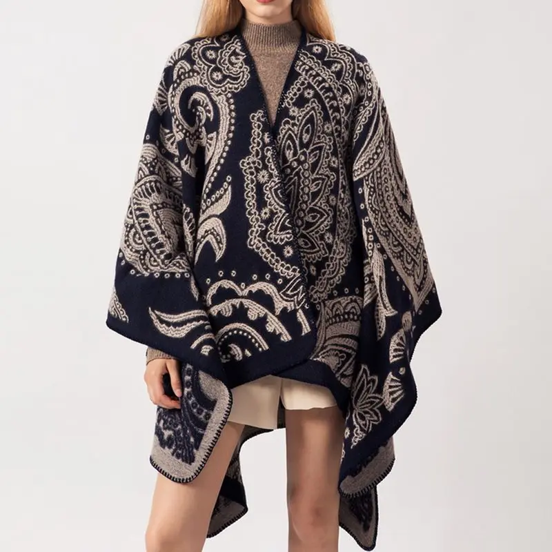 

Fall Winter Women's Ethnic Scarves Geometric Pattern Female Boho Warm Wool Capes