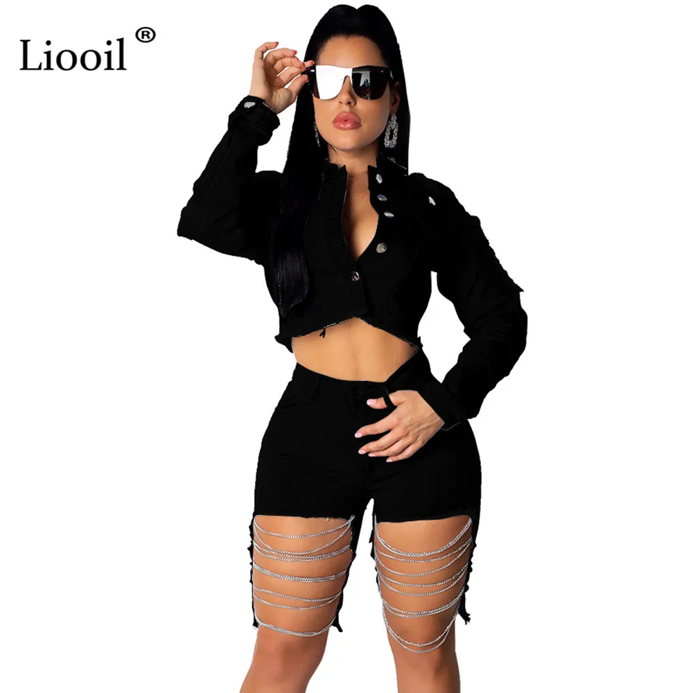 Liooil/комплект из двух предметов из джинсовой ткани; женские Клубные комплекты с цепочкой; сезон осень-зима; пикантные короткие пальто с длинными рукавами и пуговицами и открытой спиной+ шорты; большие размеры