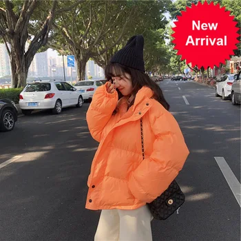 

Winter Bright Colors Jacket Women Parka Warm Thick Solid Short Style Cotton Padded Parkas Coat Loose Stand Collar Outwear