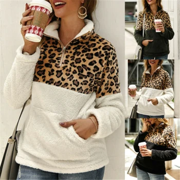 

Fashion Women's Hoodies Faux Fur Teddy Bear Fleece Coat Ladies Jacket Causal Leopard Hooded Sweatshirts Women Winter Clothes
