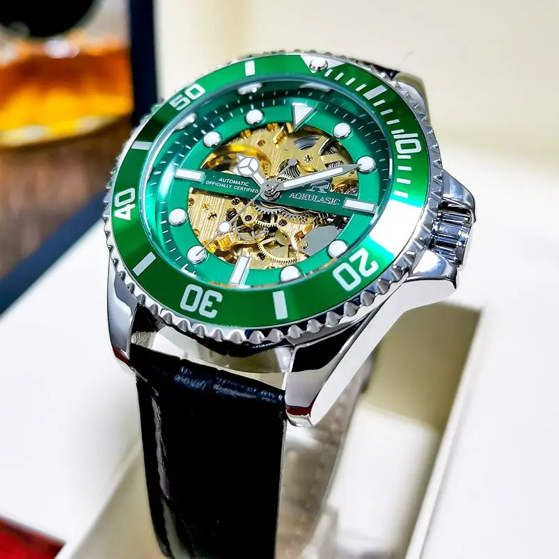 

AOKULASIC Automatic Male Mechanical Watches Leather Self Winding Business Skeleton Watch Men Waterproof Luminous Wristwatch New